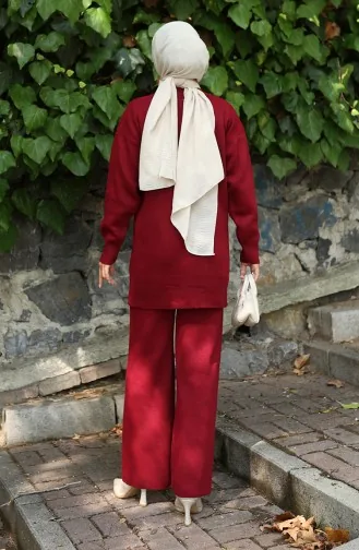 Knitwear Floral Embroidered Tunic Trousers Two Piece Suit 1067-02 Claret Red 1067-02