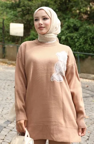 Ensemble Deux Pièces En Tricot Tunique Et Pantalon Brodés De Fleurs Couleur Café Au Lait 1067-03 1067-03