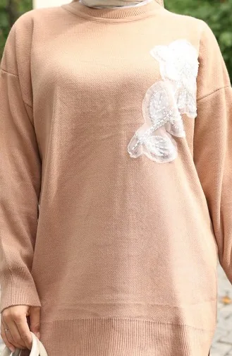 Ensemble Deux Pièces En Tricot Tunique Et Pantalon Brodés De Fleurs Couleur Café Au Lait 1067-03 1067-03