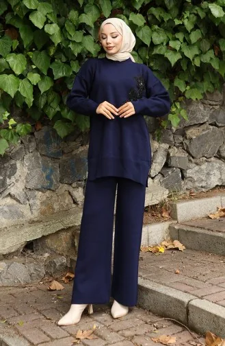 بدلة من قطعتين، بنطال وقميص محبوك مطرز بالورود، 1067-04 أزرق داكن 1067-04