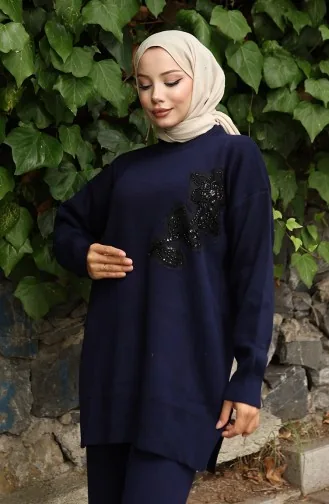 بدلة من قطعتين، بنطال وقميص محبوك مطرز بالورود، 1067-04 أزرق داكن 1067-04