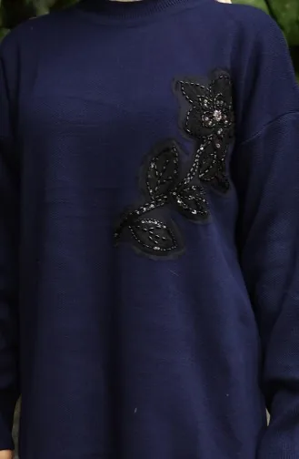 بدلة من قطعتين، بنطال وقميص محبوك مطرز بالورود، 1067-04 أزرق داكن 1067-04