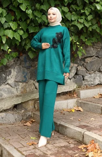 Knitwear Floral Embroidered Tunic Trousers Two Piece Set 1067-05 Petrol 1067-05