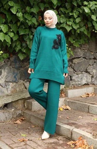 Knitwear Floral Embroidered Tunic Trousers Two Piece Set 1067-05 Petrol 1067-05