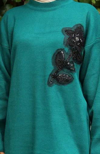 Knitwear Floral Embroidered Tunic Trousers Two Piece Set 1067-05 Petrol 1067-05