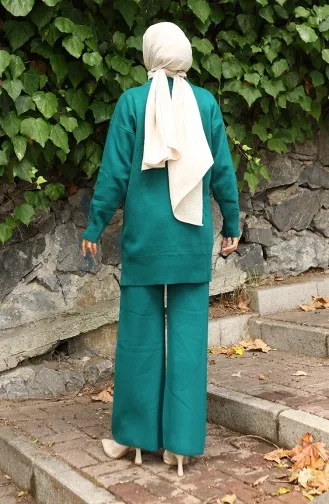 Knitwear Floral Embroidered Tunic Trousers Two Piece Set 1067-05 Petrol 1067-05