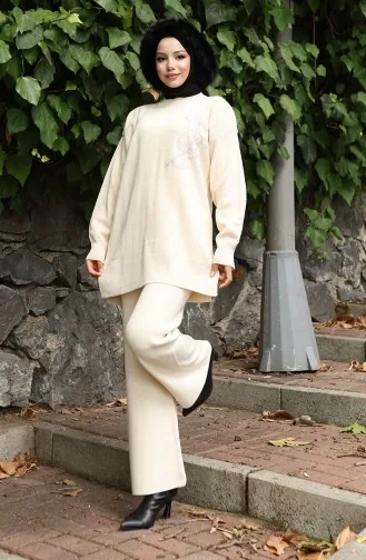 Knitwear Floral Embroidered Tunic Trousers Two Piece Set 1067-06 Beige 1067-06