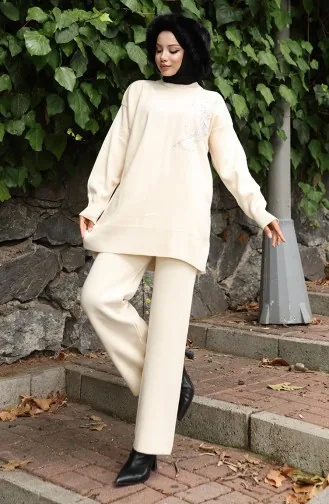 Knitwear Floral Embroidered Tunic Trousers Two Piece Set 1067-06 Beige 1067-06