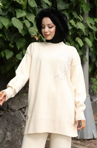 Knitwear Floral Embroidered Tunic Trousers Two Piece Set 1067-06 Beige 1067-06