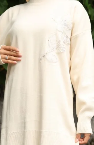 Knitwear Floral Embroidered Tunic Trousers Two Piece Set 1067-06 Beige 1067-06