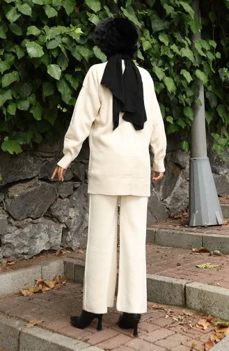 Knitwear Floral Embroidered Tunic Trousers Two Piece Set 1067-06 Beige 1067-06