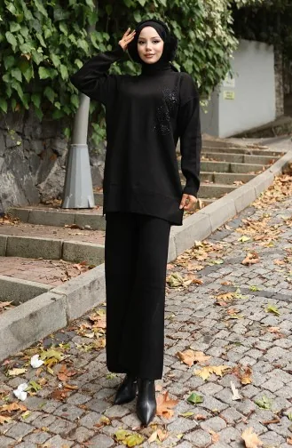 Knitwear Floral Embroidered Tunic Trousers Two Piece Set 1067-07 Black 1067-07