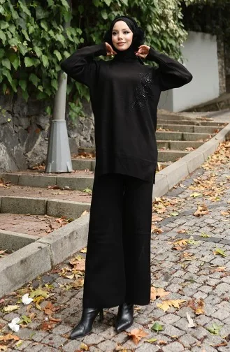 Knitwear Floral Embroidered Tunic Trousers Two Piece Set 1067-07 Black 1067-07