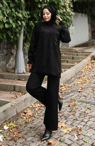 Knitwear Floral Embroidered Tunic Trousers Two Piece Set 1067-07 Black 1067-07