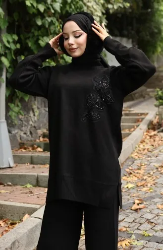 Knitwear Floral Embroidered Tunic Trousers Two Piece Set 1067-07 Black 1067-07