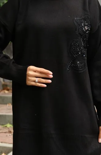 Knitwear Floral Embroidered Tunic Trousers Two Piece Set 1067-07 Black 1067-07