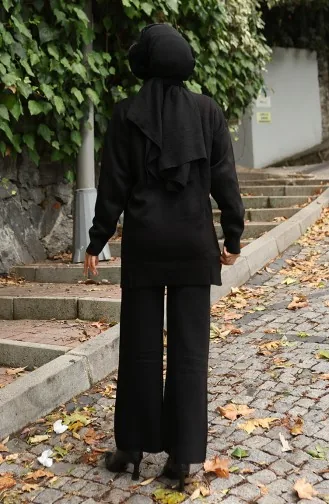 Knitwear Floral Embroidered Tunic Trousers Two Piece Set 1067-07 Black 1067-07