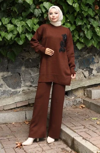 Triko Çiçek İşlemeli Tunik Pantolon İkili Takım 1067-08 Kahverengi