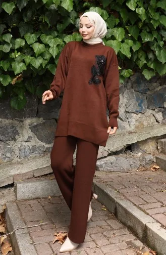 Triko Çiçek İşlemeli Tunik Pantolon İkili Takım 1067-08 Kahverengi