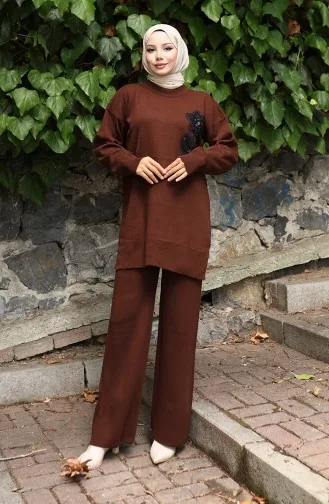 Triko Çiçek İşlemeli Tunik Pantolon İkili Takım 1067-08 Kahverengi
