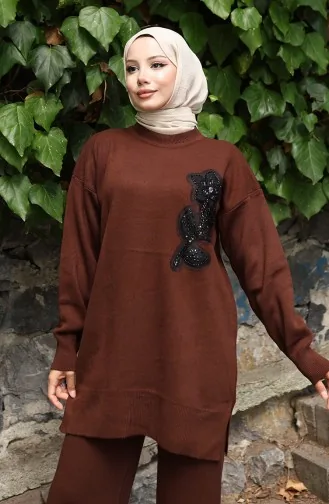 Triko Çiçek İşlemeli Tunik Pantolon İkili Takım 1067-08 Kahverengi