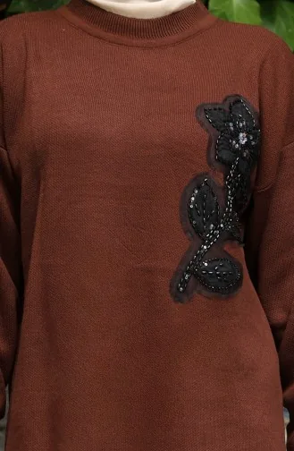 Triko Çiçek İşlemeli Tunik Pantolon İkili Takım 1067-08 Kahverengi