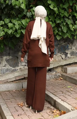 Triko Çiçek İşlemeli Tunik Pantolon İkili Takım 1067-08 Kahverengi