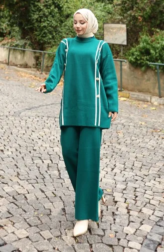 Knitwear Buttoned Tunic Trousers Two Piece Suit 1128-01 Petrol 1128-01