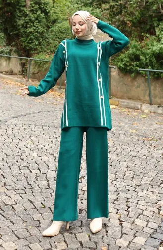 Knitwear Buttoned Tunic Trousers Two Piece Suit 1128-01 Petrol 1128-01