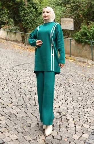 Knitwear Buttoned Tunic Trousers Two Piece Suit 1128-01 Petrol 1128-01