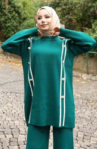 Knitwear Buttoned Tunic Trousers Two Piece Suit 1128-01 Petrol 1128-01
