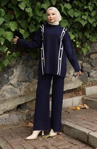 Knitwear Buttoned Tunic Trousers Two Piece Suit 1128-02 Navy Blue 1128-02