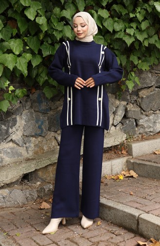 Strickanzug Mit Knöpfen Tunika Und Hose Zweiteilig 1128-02 Marineblau 1128-02