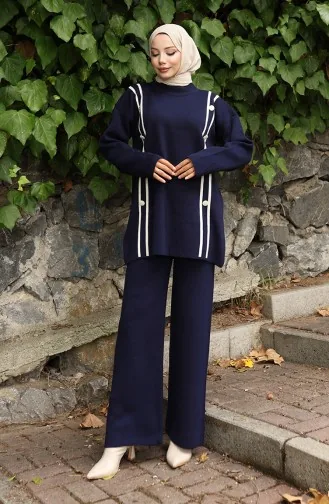 Knitwear Buttoned Tunic Trousers Two Piece Suit 1128-02 Navy Blue 1128-02