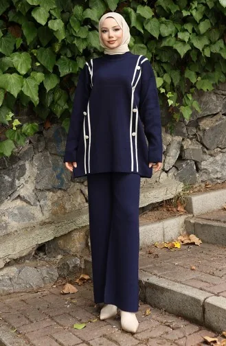 Knitwear Buttoned Tunic Trousers Two Piece Suit 1128-02 Navy Blue 1128-02