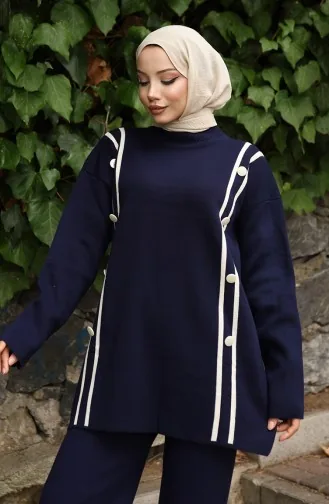 Knitwear Buttoned Tunic Trousers Two Piece Suit 1128-02 Navy Blue 1128-02