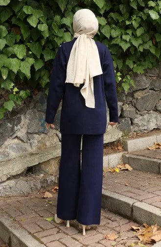 Knitwear Buttoned Tunic Trousers Two Piece Suit 1128-02 Navy Blue 1128-02