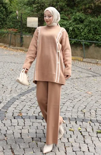 Knitwear Buttoned Tunic Trousers Two Piece Suit 1128-03 Milk Coffee 1128-03