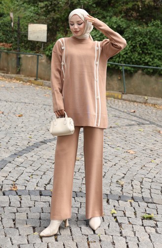Strickmode Geknöpfte Tunika Hose Zweiteiliger Anzug 1128-03 Milchkaffee 1128-03