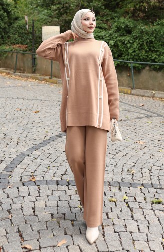 Strickmode Geknöpfte Tunika Hose Zweiteiliger Anzug 1128-03 Milchkaffee 1128-03