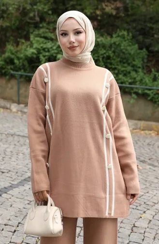 Knitwear Buttoned Tunic Trousers Two Piece Suit 1128-03 Milk Coffee 1128-03