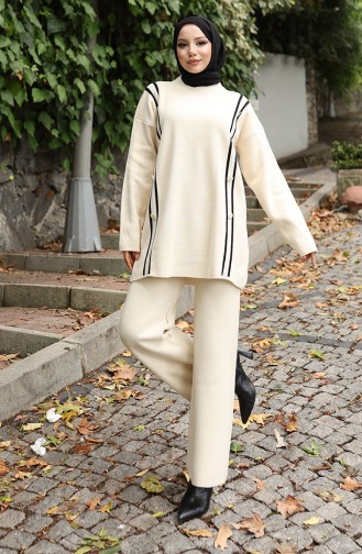 Strickmode Geknöpfte Tunika Hose Zweiteiliger Anzug 1128-04 Beige 1128-04