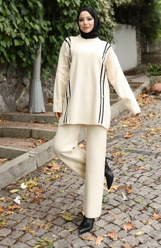 Knitwear Buttoned Tunic Trousers Two Piece Suit 1128-04 Beige 1128-04