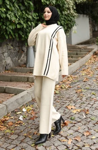 Knitwear Buttoned Tunic Trousers Two Piece Suit 1128-04 Beige 1128-04