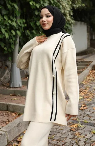 Knitwear Buttoned Tunic Trousers Two Piece Suit 1128-04 Beige 1128-04