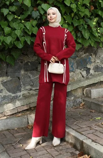 Knitwear Buttoned Tunic Trousers Two Piece Suit 1128-05 Claret Red 1128-05