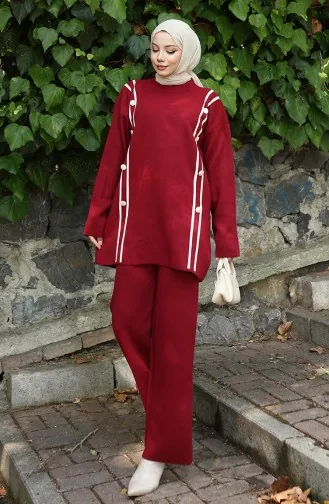 Knitwear Buttoned Tunic Trousers Two Piece Suit 1128-05 Claret Red 1128-05
