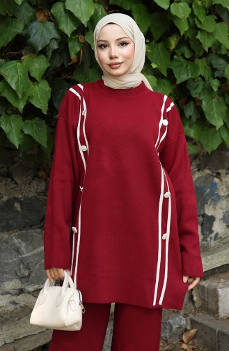 Strickmode Geknöpfte Tunika Hose Zweiteiliger Anzug 1128-05 Weinrot 1128-05