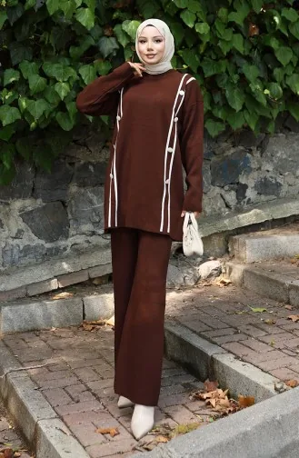 Knitwear Buttoned Tunic Trousers Two Piece Suit 1128-07 Brown 1128-07