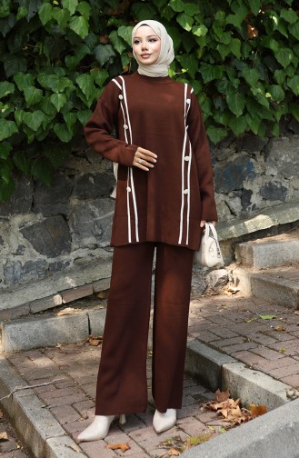 Strickmode Geknöpfte Tunika Hose Zweiteiliger Anzug 1128-07 Braun 1128-07